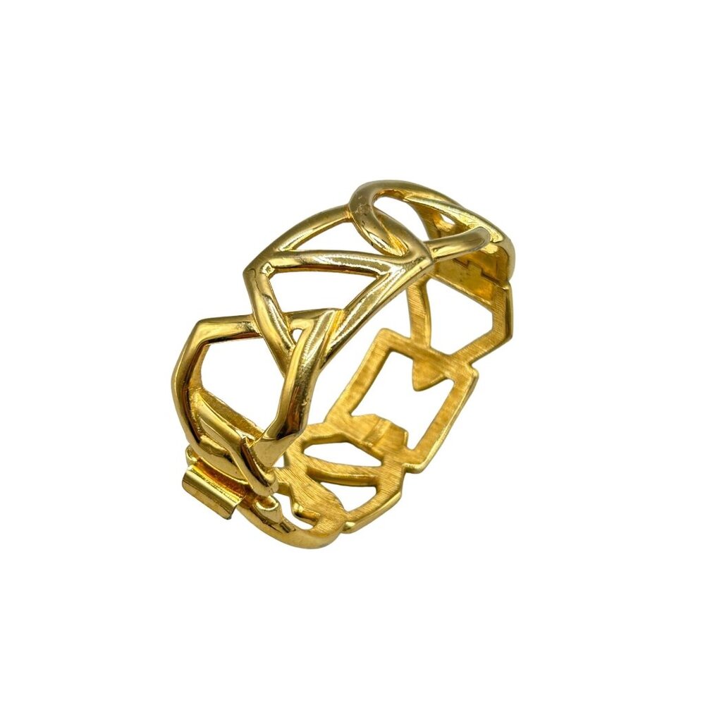 Vintage Monet Gold Tone Wide Clamper Bangle Bracelet Geometric Design